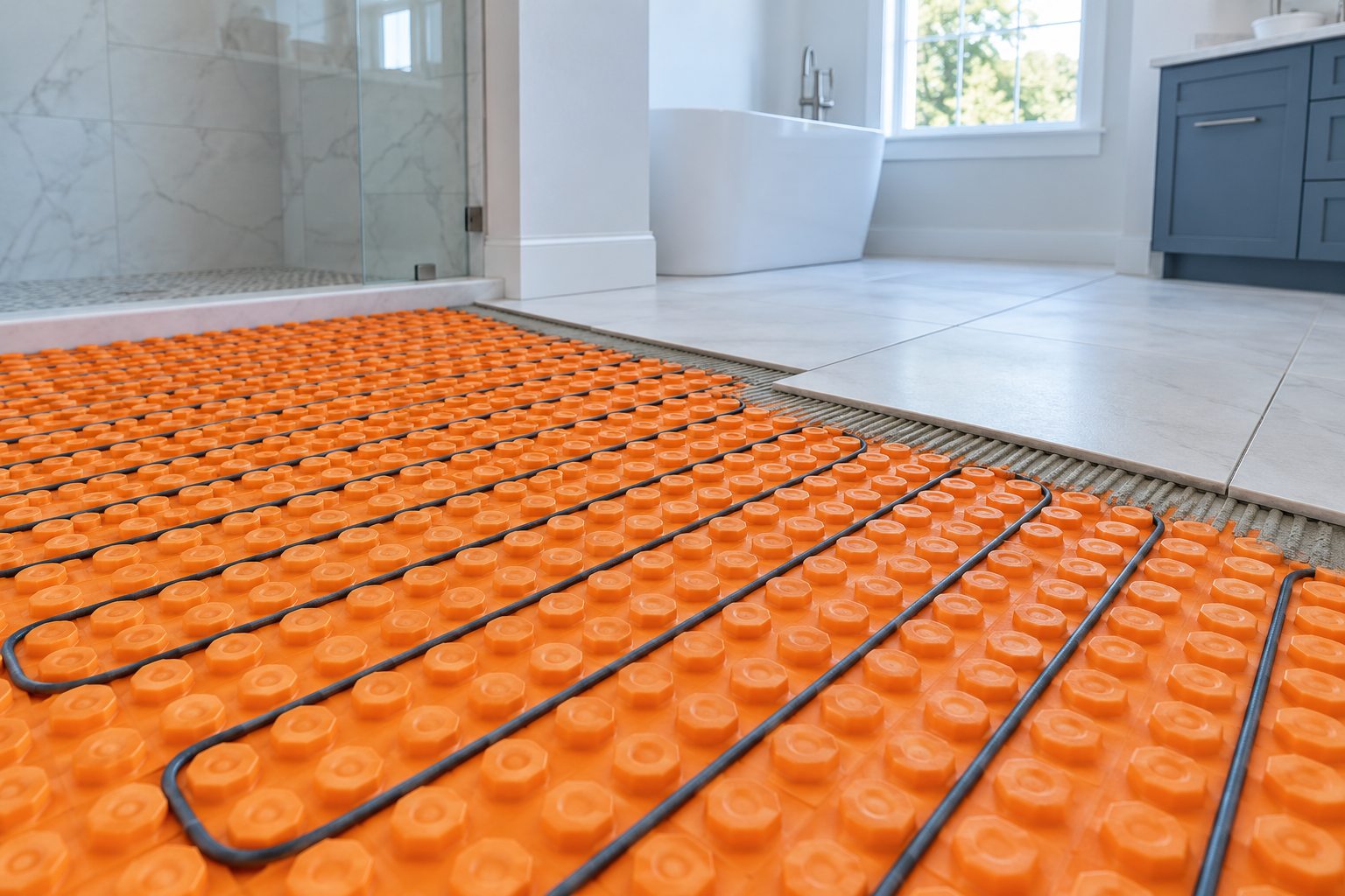 Illustrative view of an orange floor warming membrane with heating cables beneath tile
